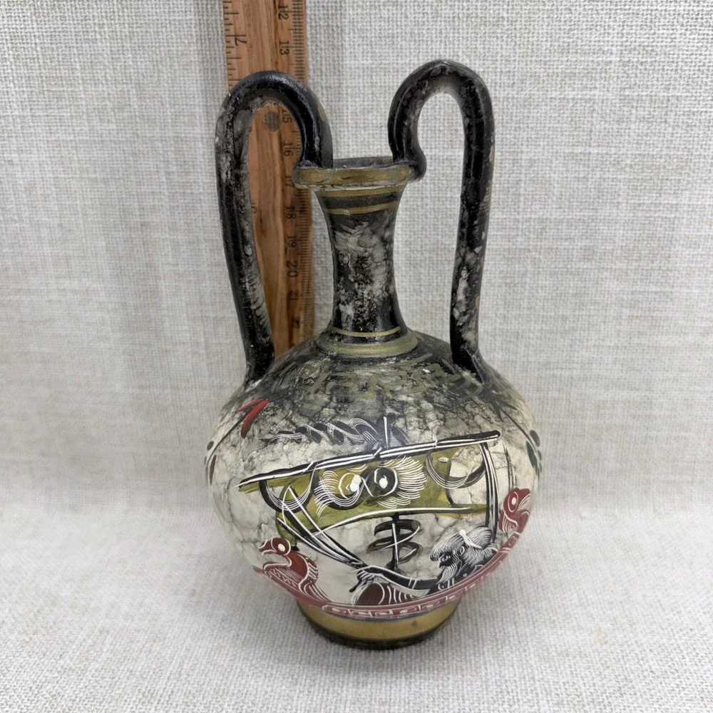 Vintage Handmade‎ Greek Pottery Amphora Vase Hand Painted Sailing Ship 7.5